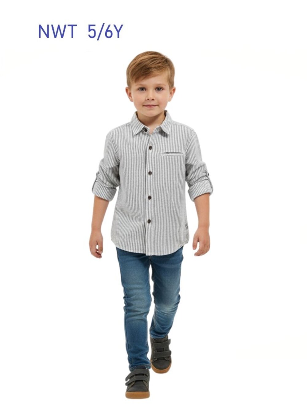NWT - Me & Henry Light Blue Stripe Woven L/S Button Down Shirt Size 5/6Y